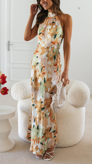 Kendra | Vibrant Floral Halter Maxi Dress