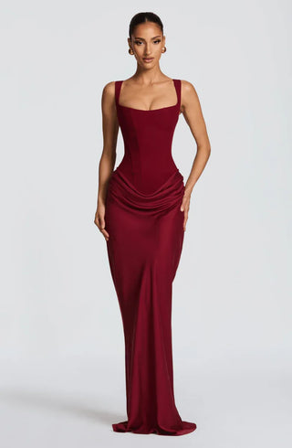Ravelle Corset Drape Maxi Dress – Burgundy