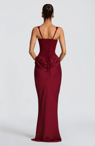 Ravelle Corset Drape Maxi Dress – Burgundy