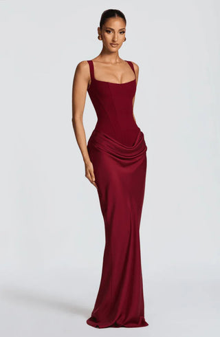 Ravelle Corset Drape Maxi Dress – Burgundy
