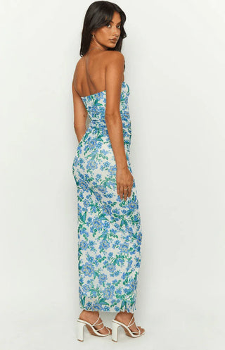 Belvara Strapless Floral Maxi Dress – Blue