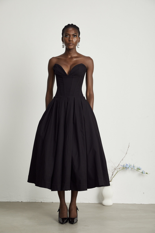 Eliana | Sleek Off-Shoulder Corset Midi Dress