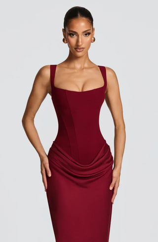 Ravelle Corset Drape Maxi Dress – Burgundy